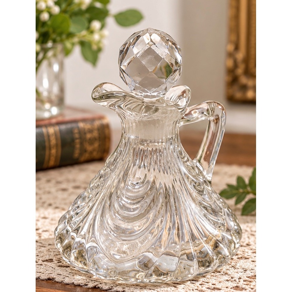 Vintage Clear Glass Cruet Pitcher Faceted Crystal Stopper Swirl Oil Vinegar 4.5"